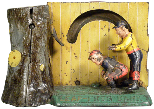 Rare cast-iron mechanical Leap Frog bank in very good original working condition. Image courtesy of Showtime Auction Services.